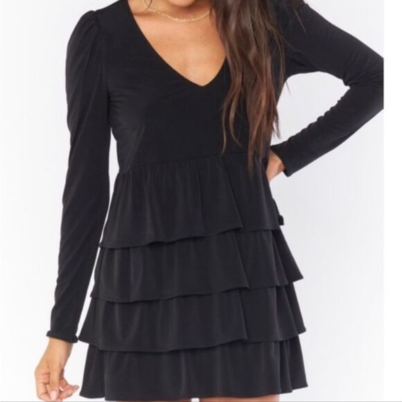 Show Me Your Mumu Top Tier Mini Dress Size SMALL Black Long sleeve Ruffle - Picture 1 of 8